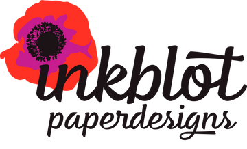 The logo for inkblot paper designs featuring the company name inkblot in black script accented with a stylized red fuchsia and black poppy dotting the ‘I’ all stacked on top of ‘paperdesigns’ in the same script.   