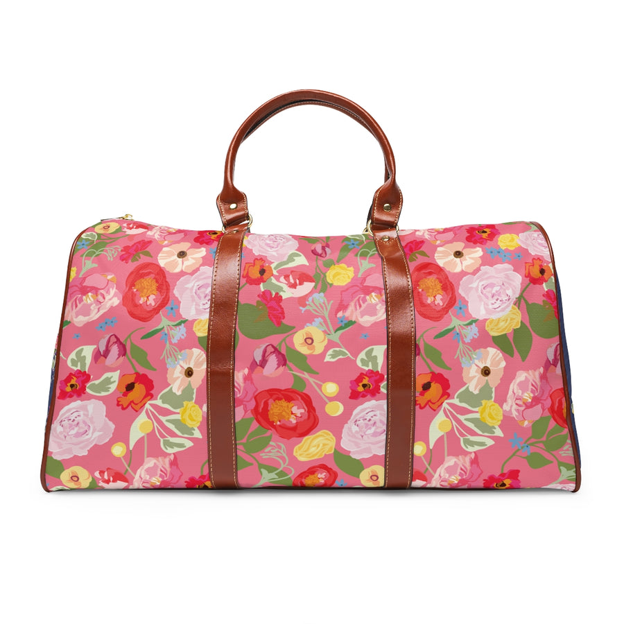 Bright Pink Floral Pattern Waterproof Travel Bag